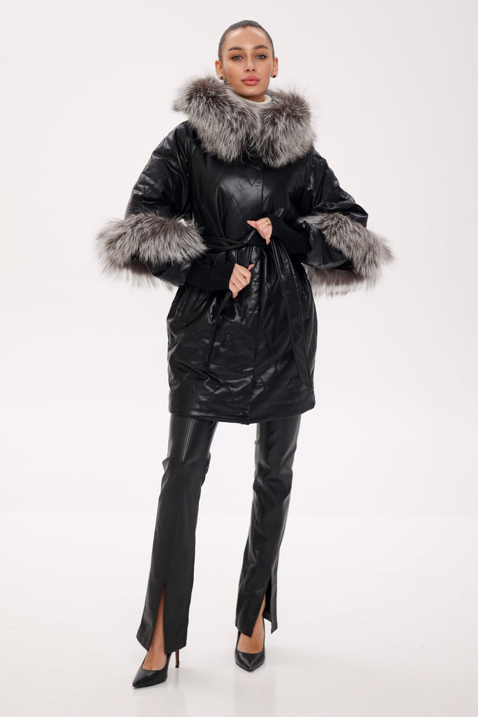 Genuine Silver Fox Eco-Leather Coat with Sleeve Extenders