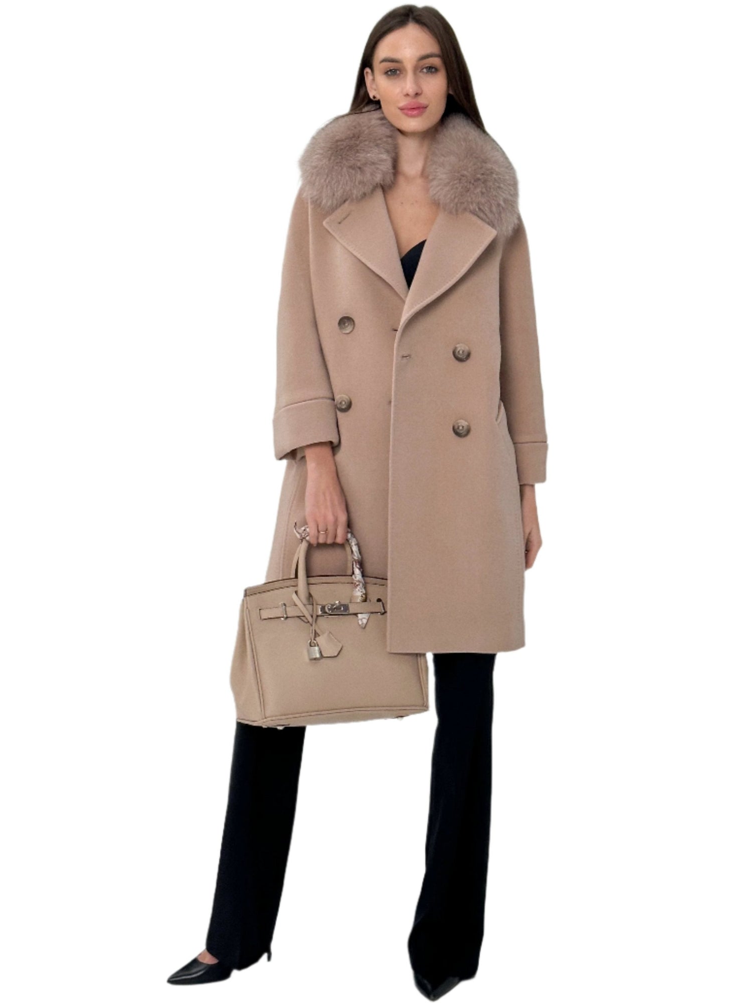 Marcel Genuine Polar Fox Cashmere-Wool Coat in Powder
