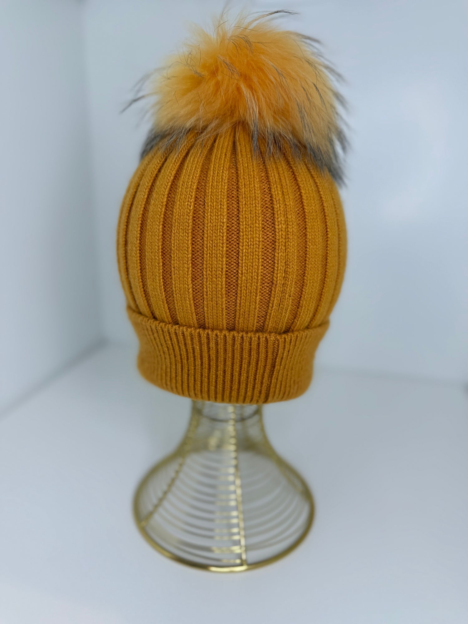 Mustard Genuine Fur Pom Solid Color Hat