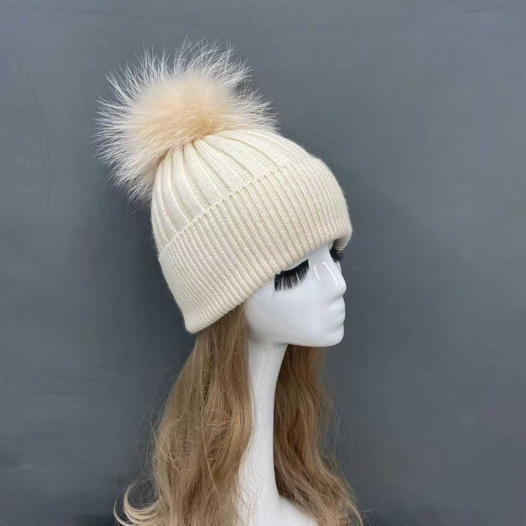 Genuine Fur Pom Solid Color Hat
