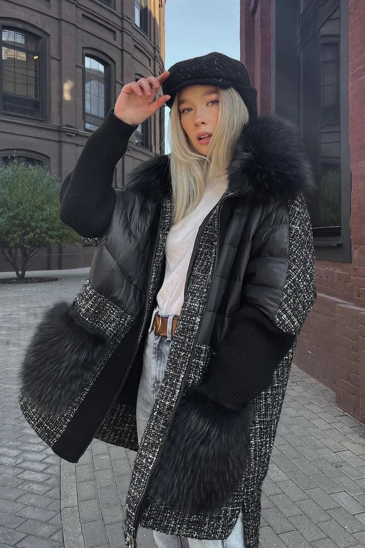 Lamé Genuine Fox Fur Down Coat
