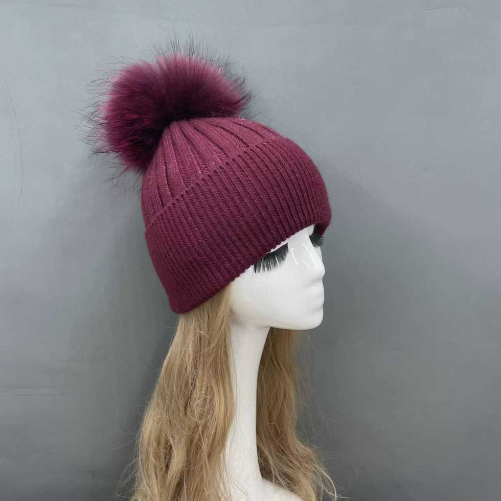 Genuine Fur Pom Solid Color Hat