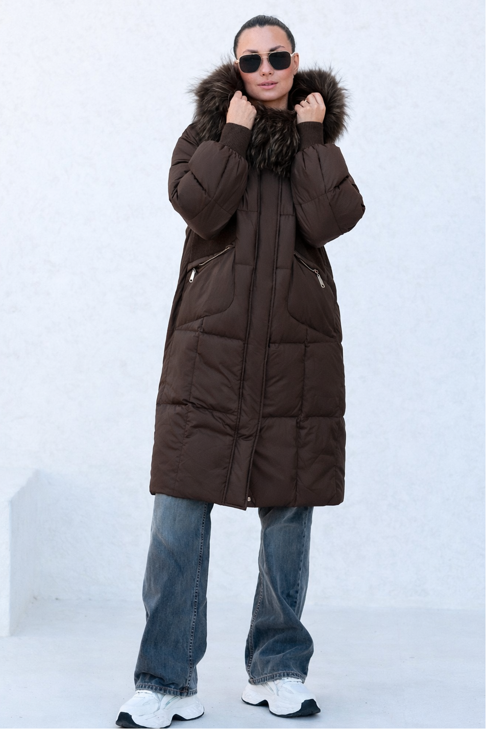 Lauren Genuine Fur Trim Down Fill Coat in Chocolate