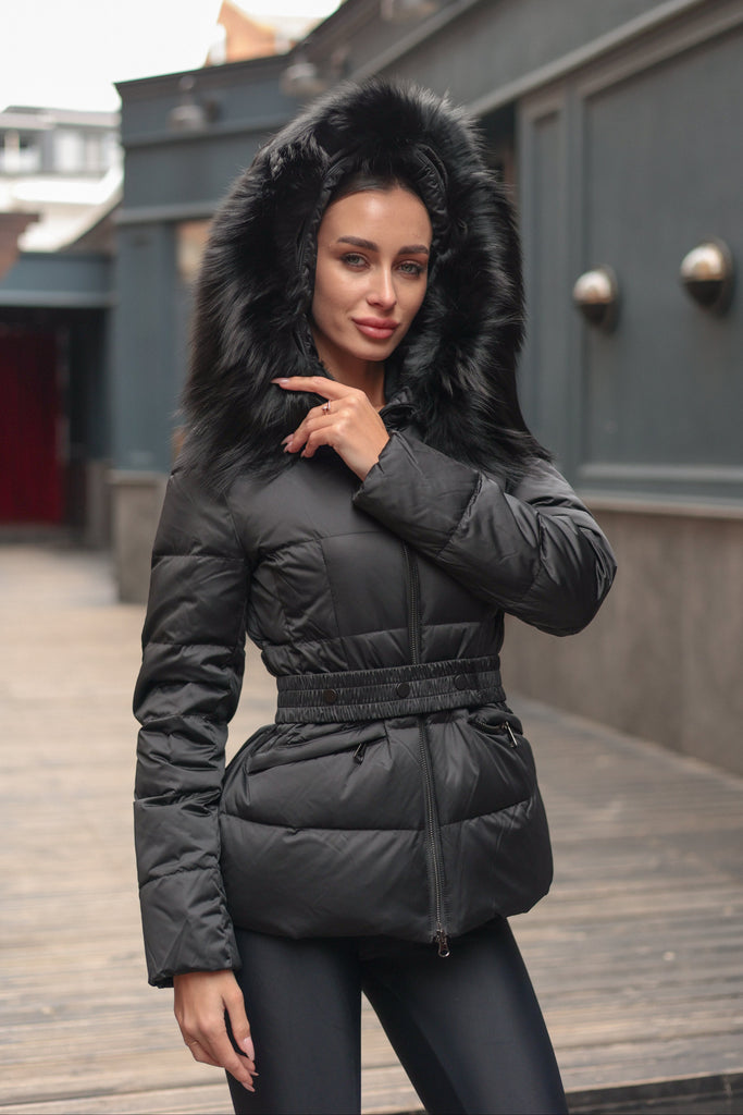 Astrid Genuine Fur Trim Down Coat in Black