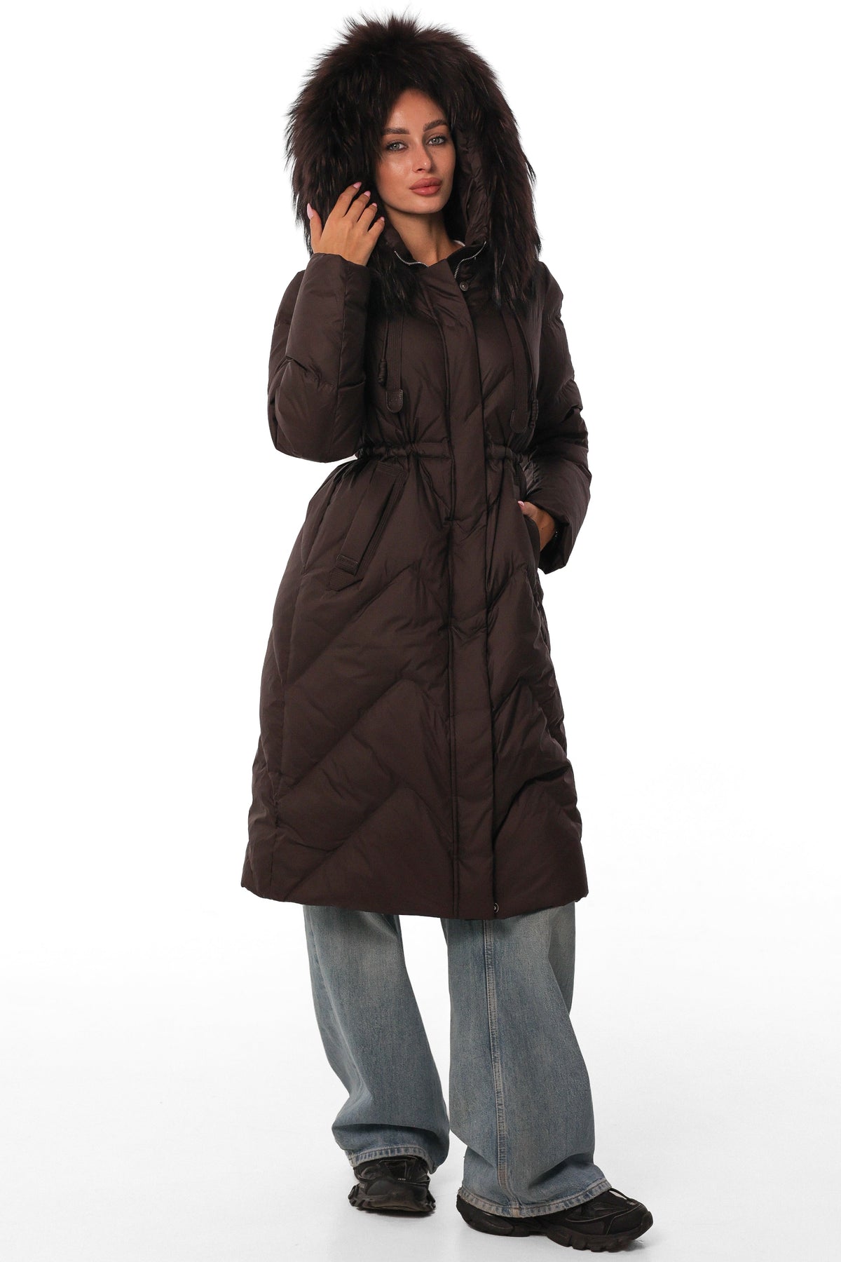 Brook Genuine Fur Trim Down Coat in Chocolate