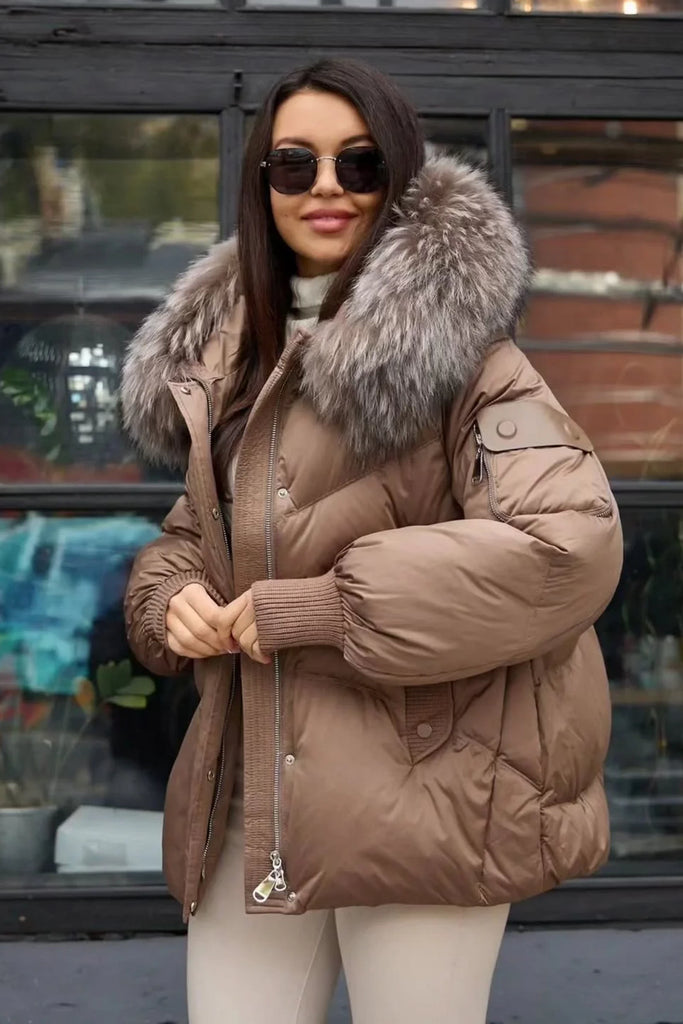 Verbier Genuine Fur Trim Down Fill Jacket in Cappuccino