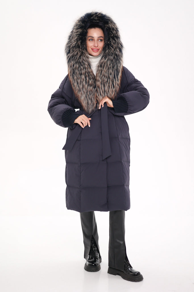 Rei Genuine Fur Trim Hooded Down Coat in Navy