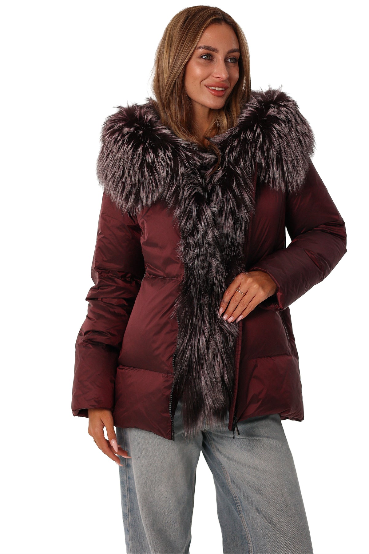 Nomad Genuine Fur Down Fill Parka in Burgundy Chameleon
