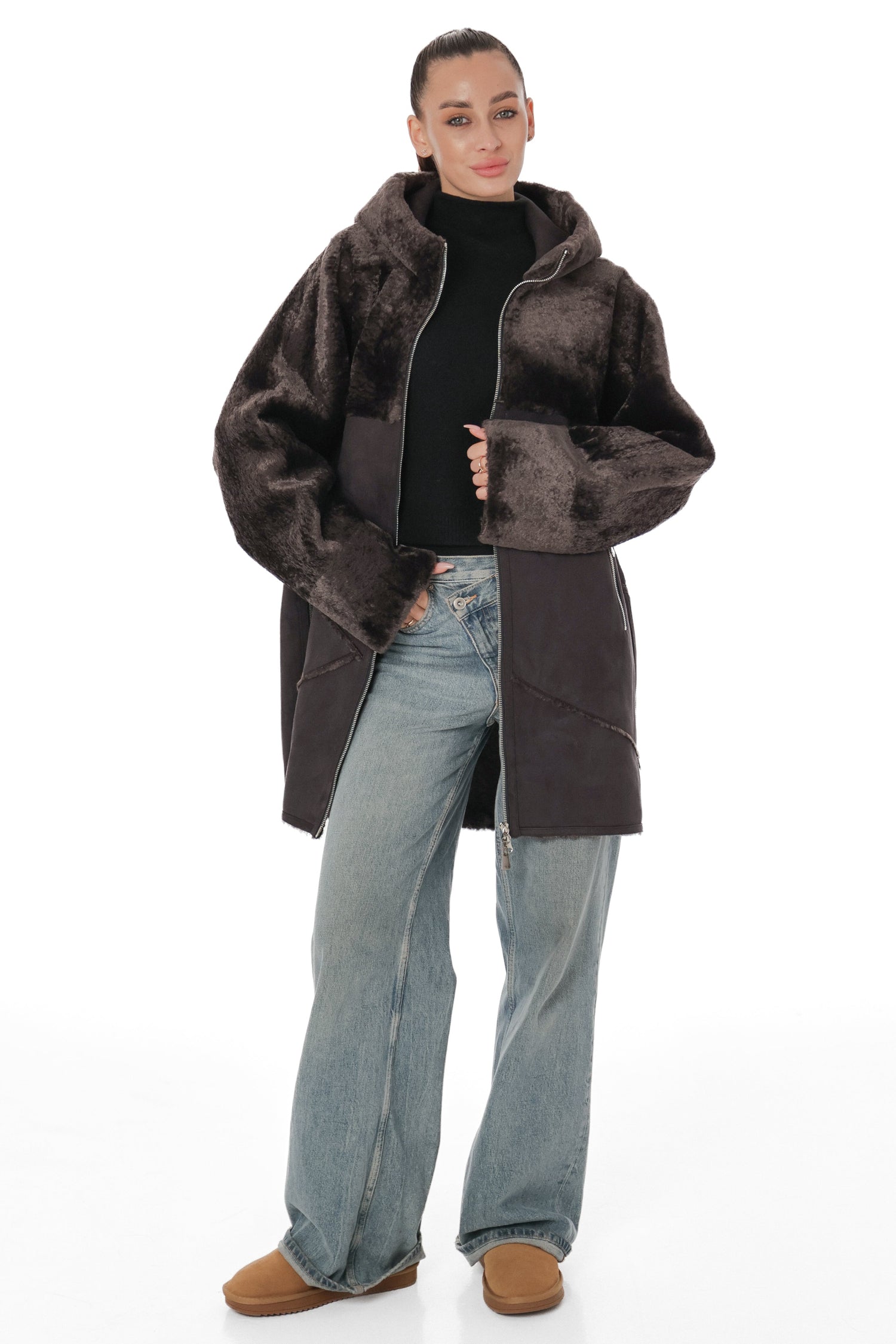 Hooded Wool Blend Eco-Suede Coat