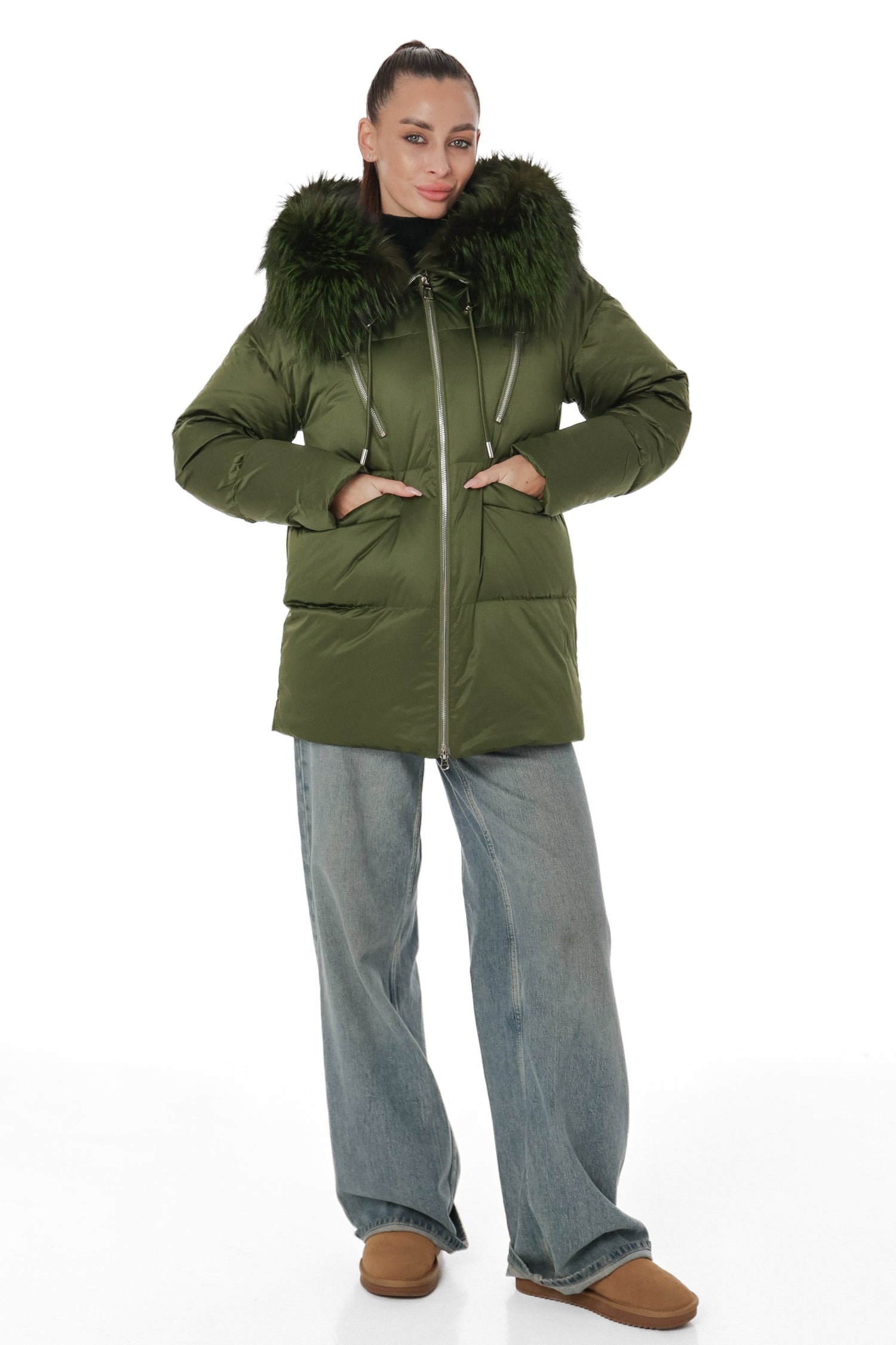 Genuine Silver Fox Fur Down Fill Coat