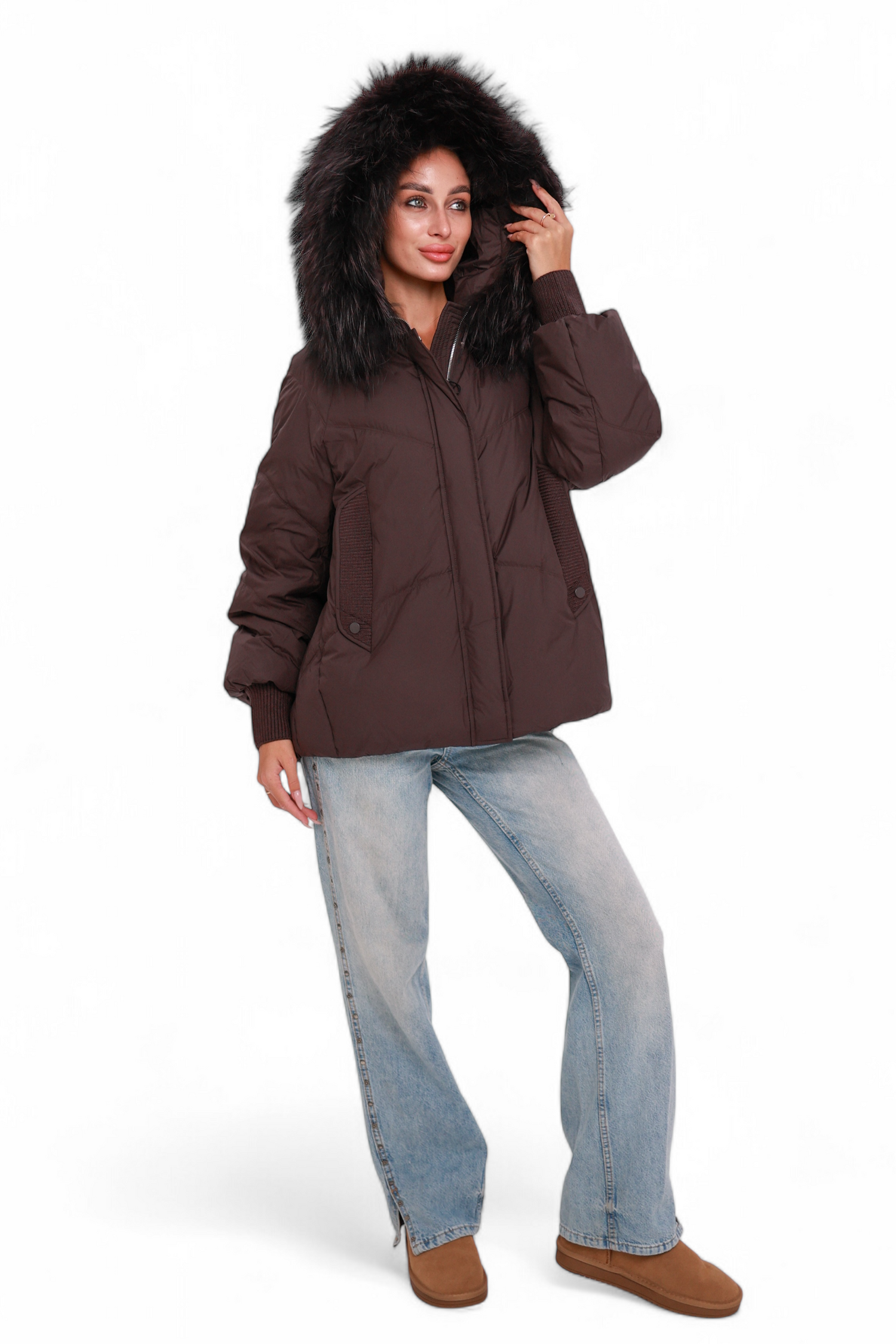 Verbier Genuine Fur Trim Down Fill Jacket in Chocolate
