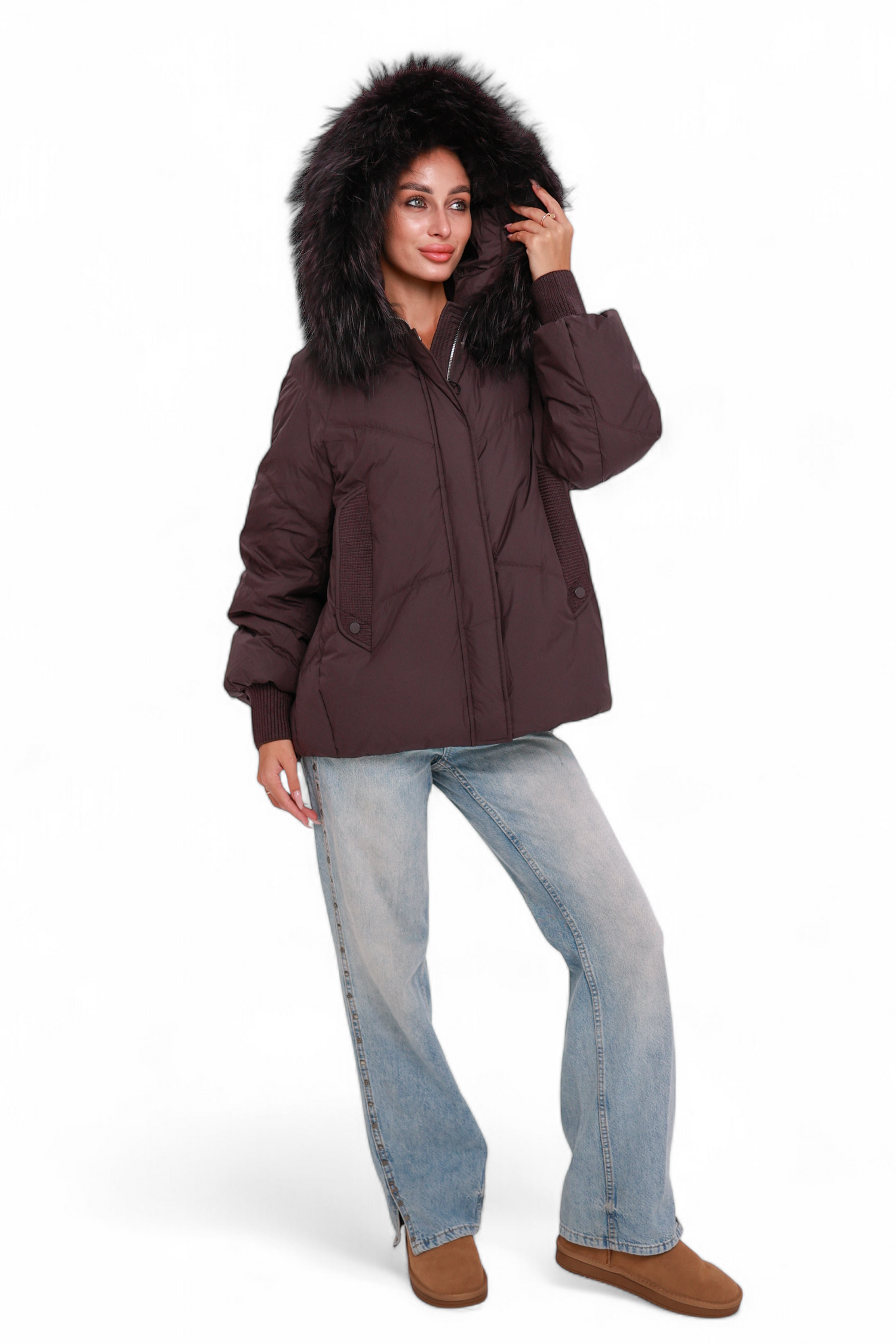 Verbier Genuine Fur Trim Down Fill Jacket in Fig