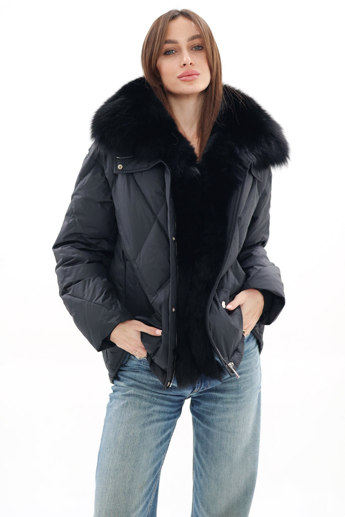 Genuine Polar Fox Fur Down Insulated Parka in Black