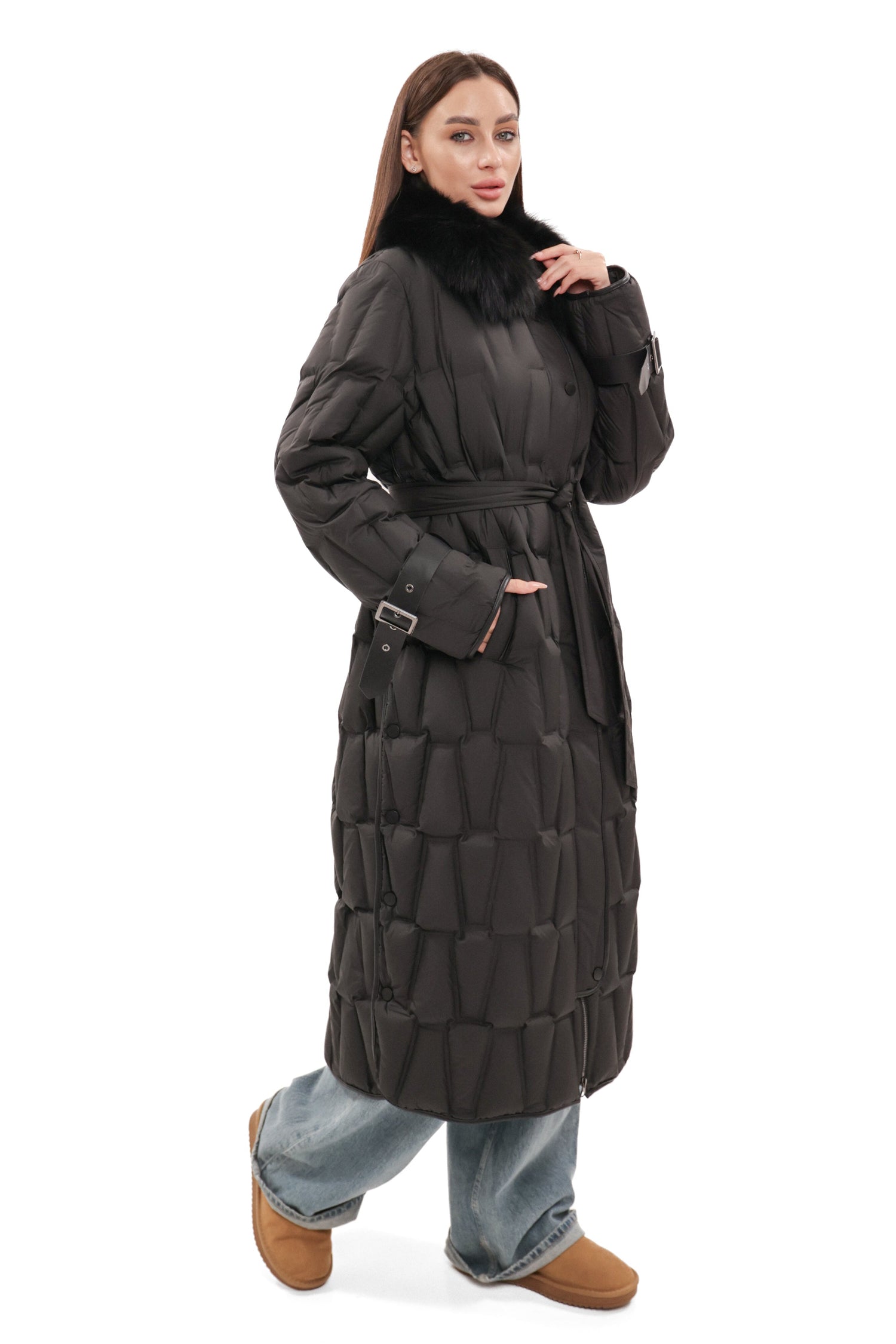 Riley Genuine Fur Trim Down Fill Coat in Black