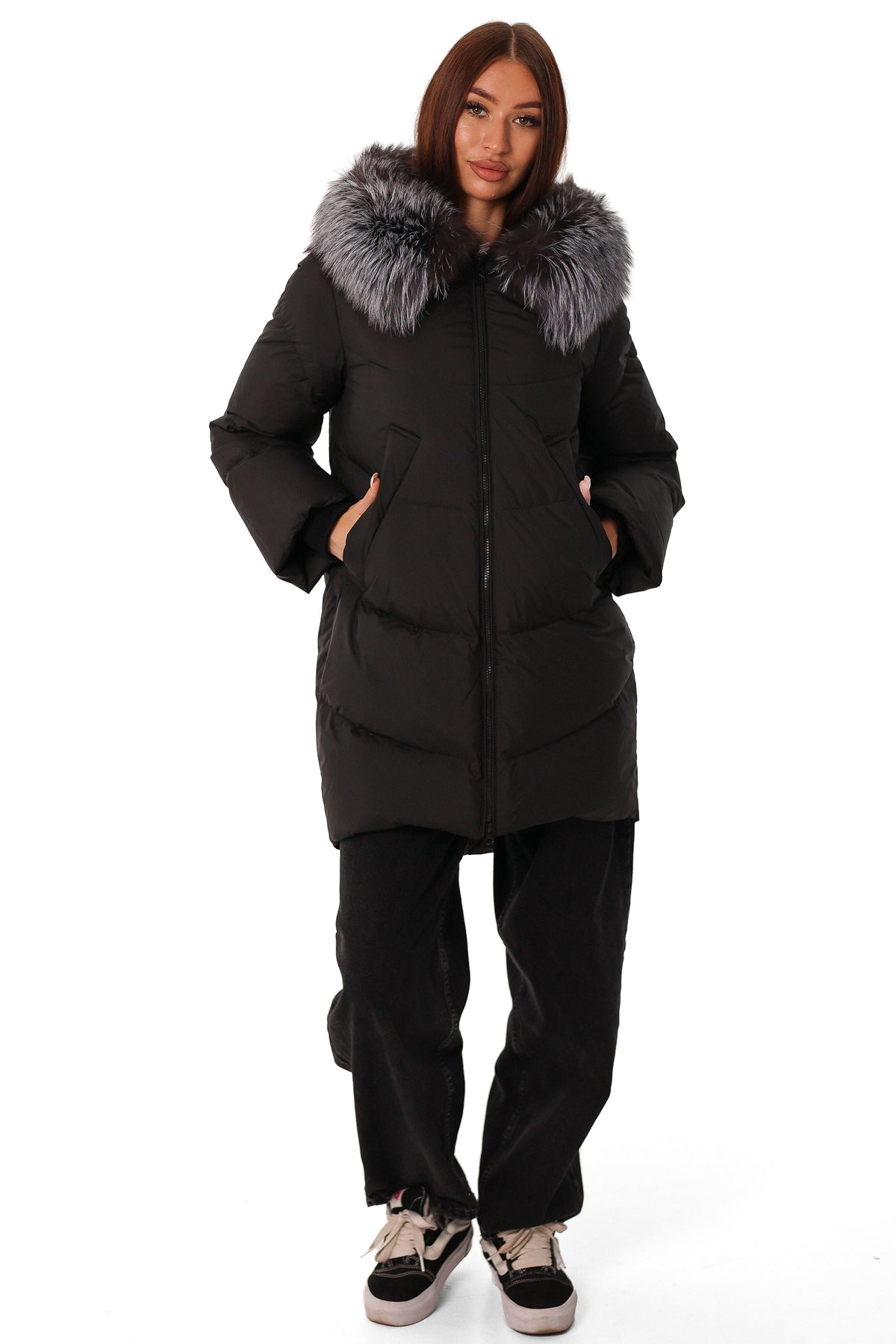 Tyler Genuine Silver Fox Down Coat in Black