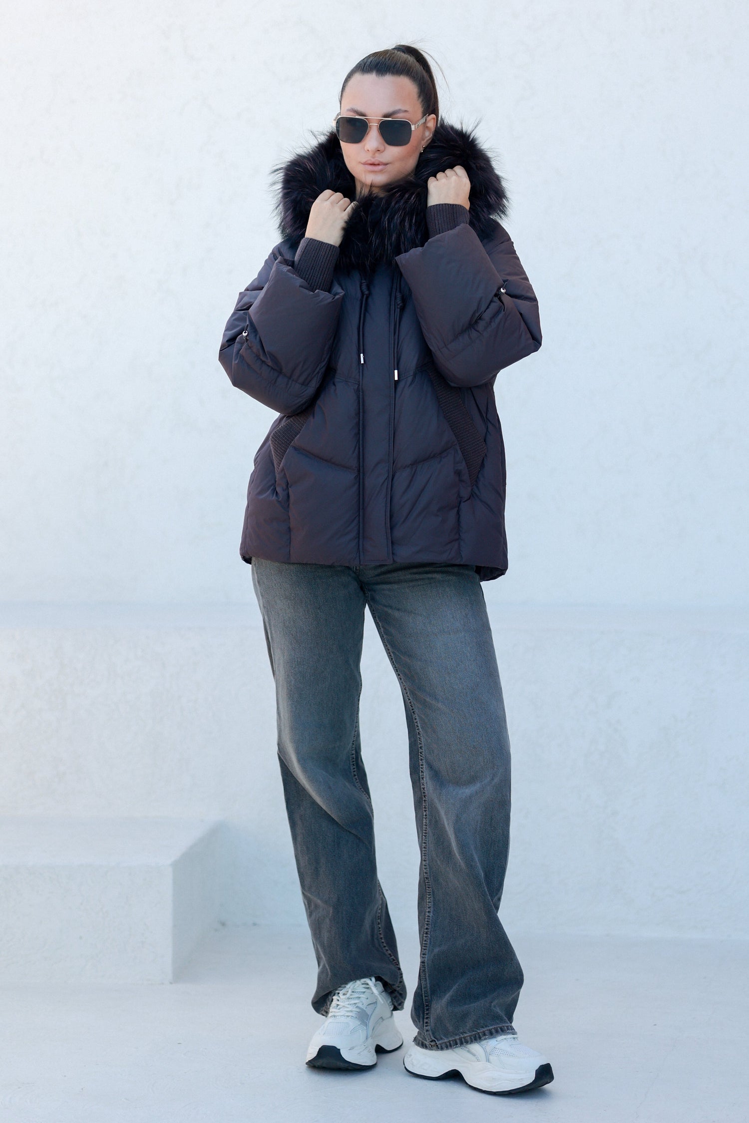 Brit Genuine Fur Trim Down Fill Coat in Fig
