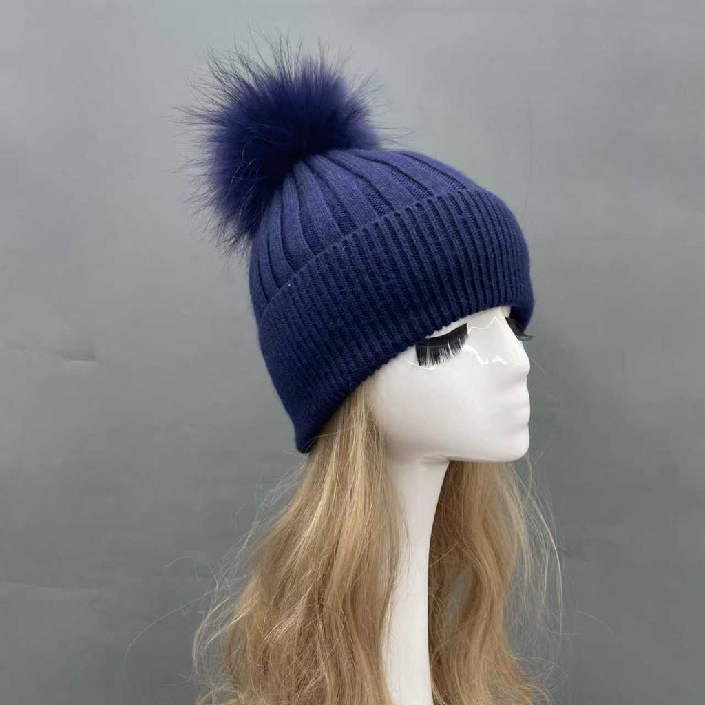 Genuine Fur Pom Solid Color Hat