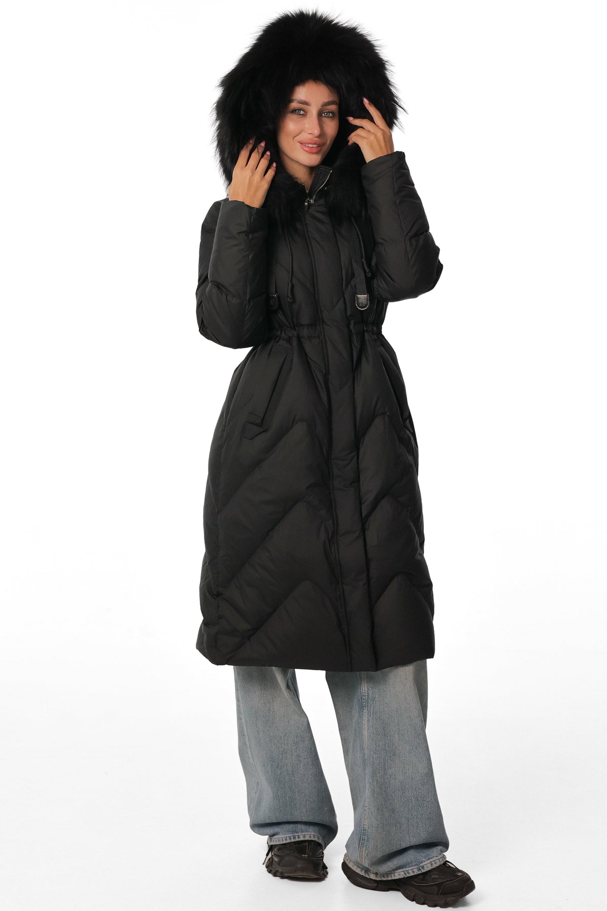 Brook Genuine Fur Trim Down Coat in Black