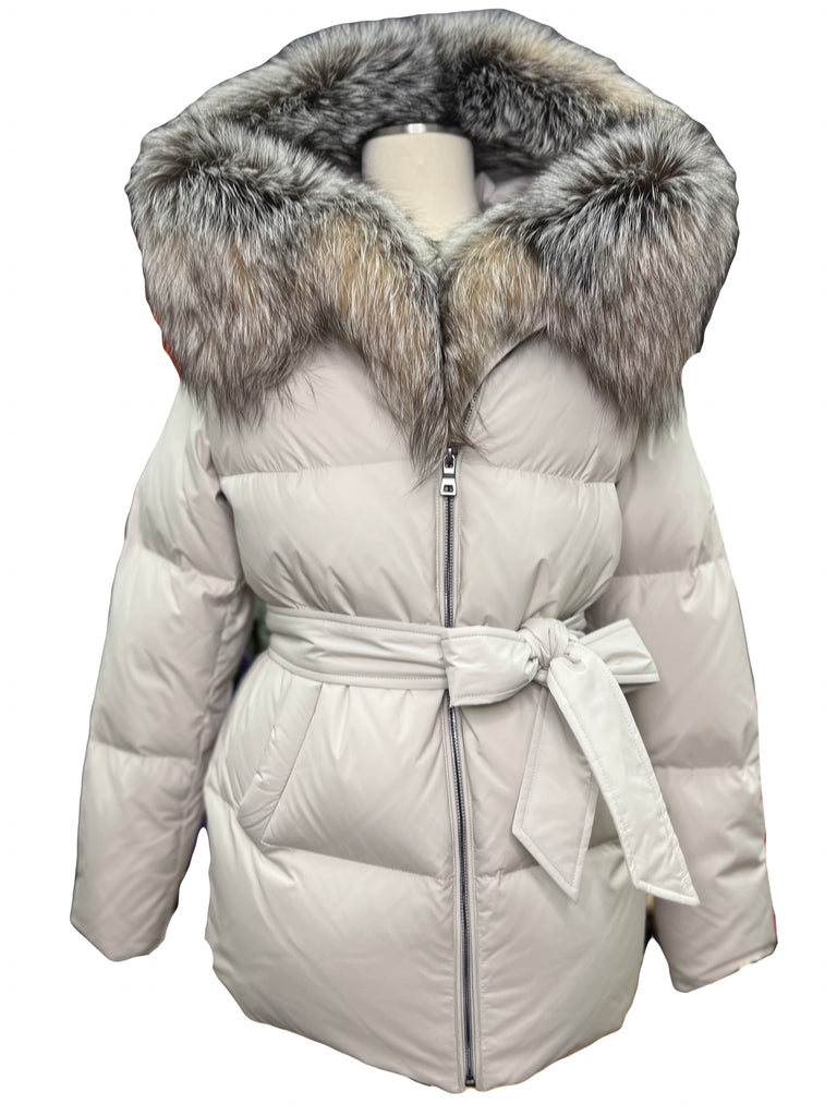 NEW Arctic White Puffer Jacket Real Fox Fur Hood Optic Print XXL Faux Down  Coat 