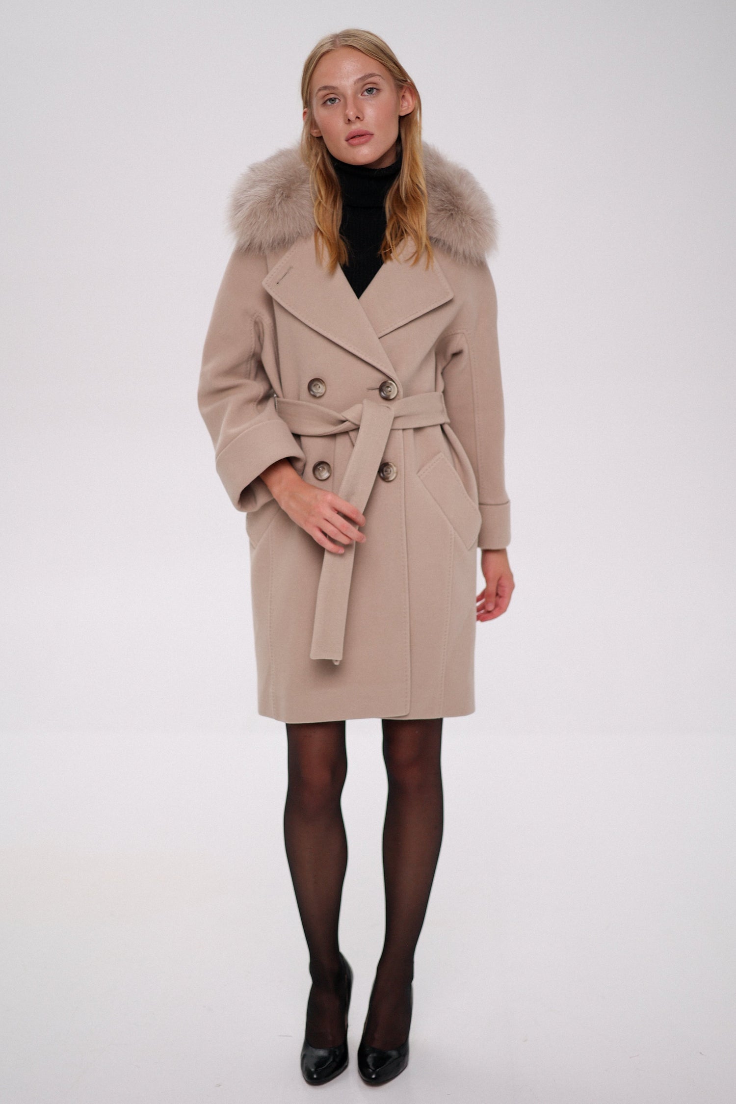Marcel Genuine Polar Fox Cashmere-Wool Coat in Nude