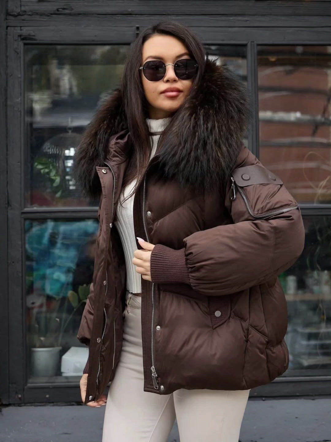 Verbier Genuine Fur Trim Down Fill Jacket in Chocolate