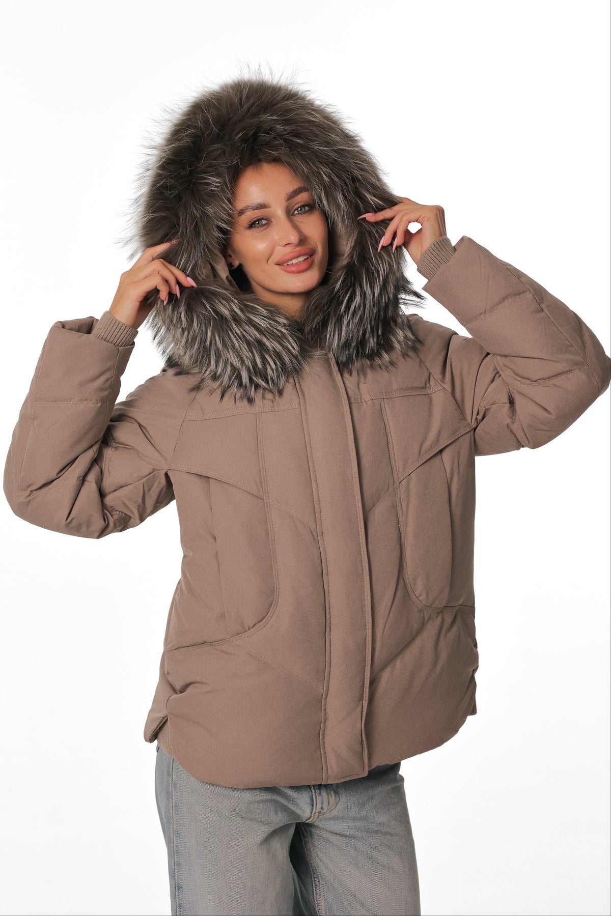 Dylan Genuine Fur Trim Down Coat in Tan