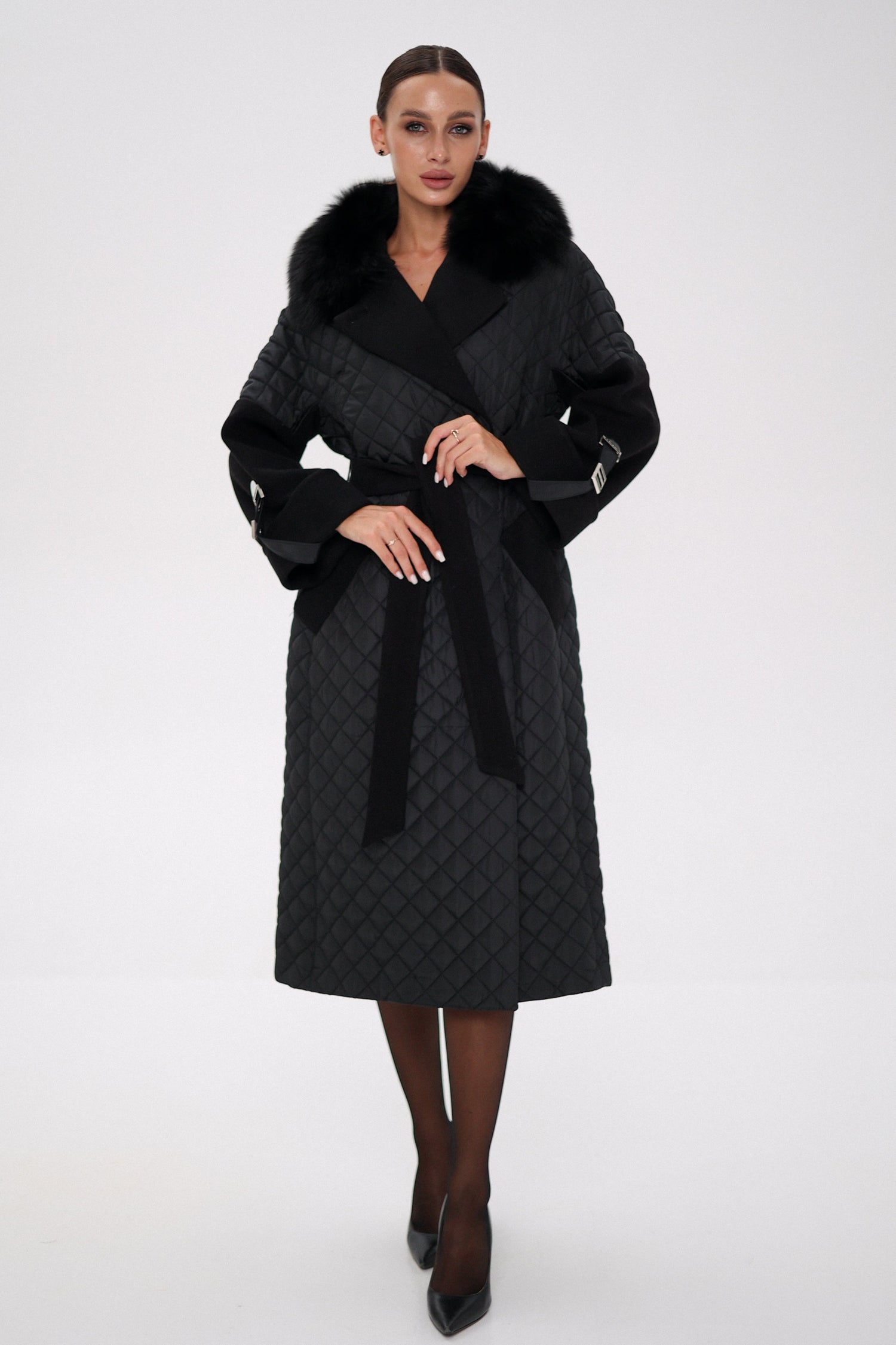 Sienna Genuine Polar Fox Fur Trim Coat in Black