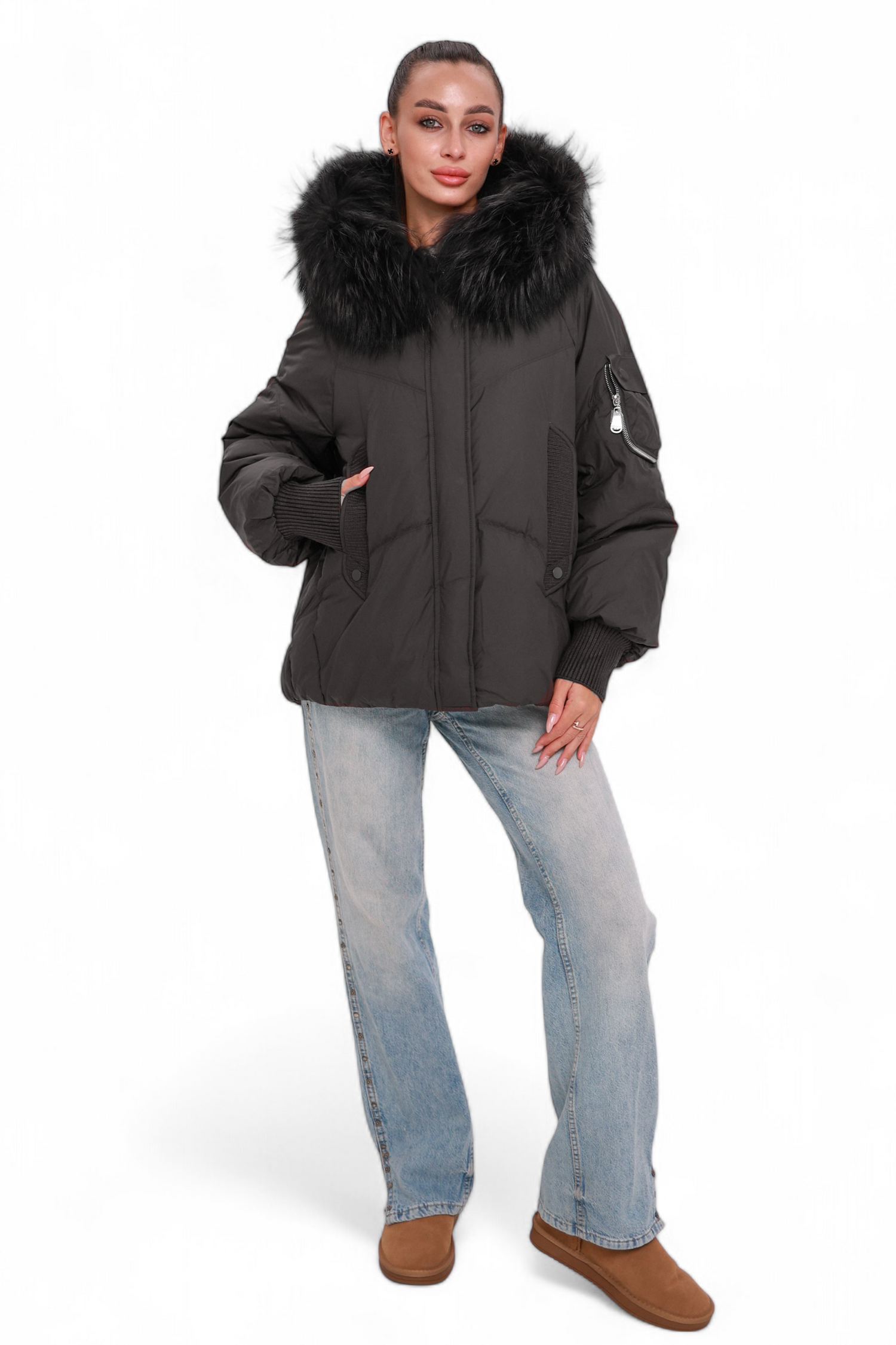 Verbier Genuine Fur Trim Down Fill Jacket in Black