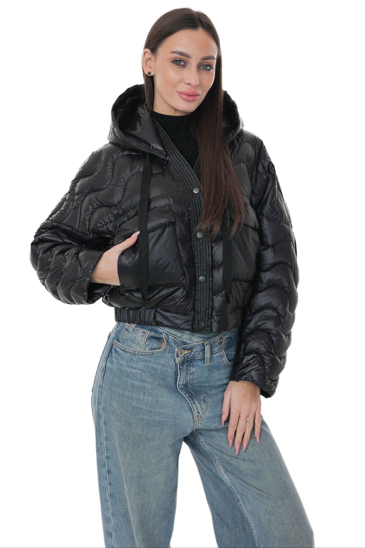 Light Demi-Season Hooded Cropped Jacket in Black