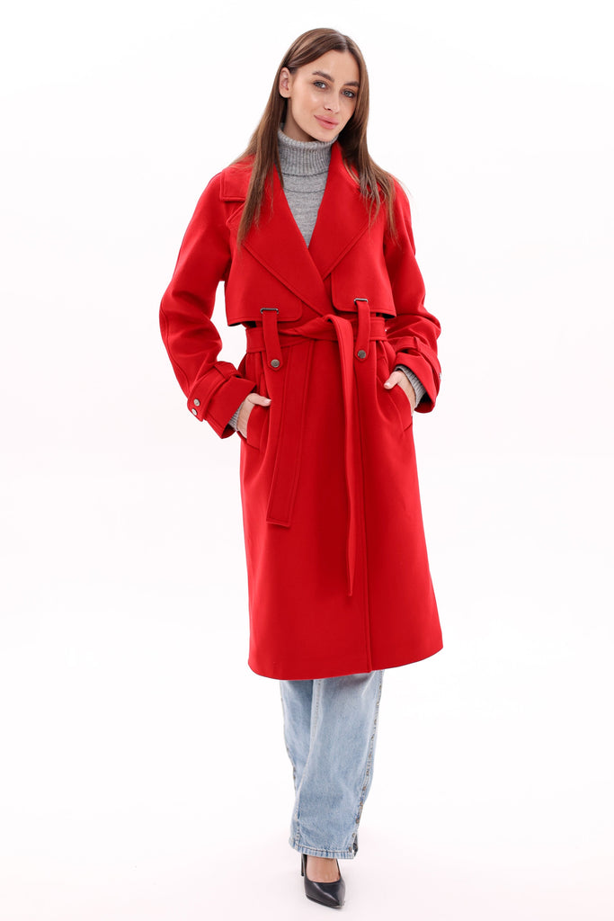 Karina Belted Wool Cashmere Blend Overcoat in Ruby