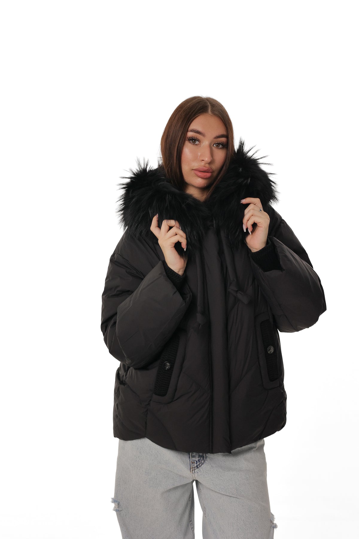 Hayden Genuine Fur Trim Down Coat in Black