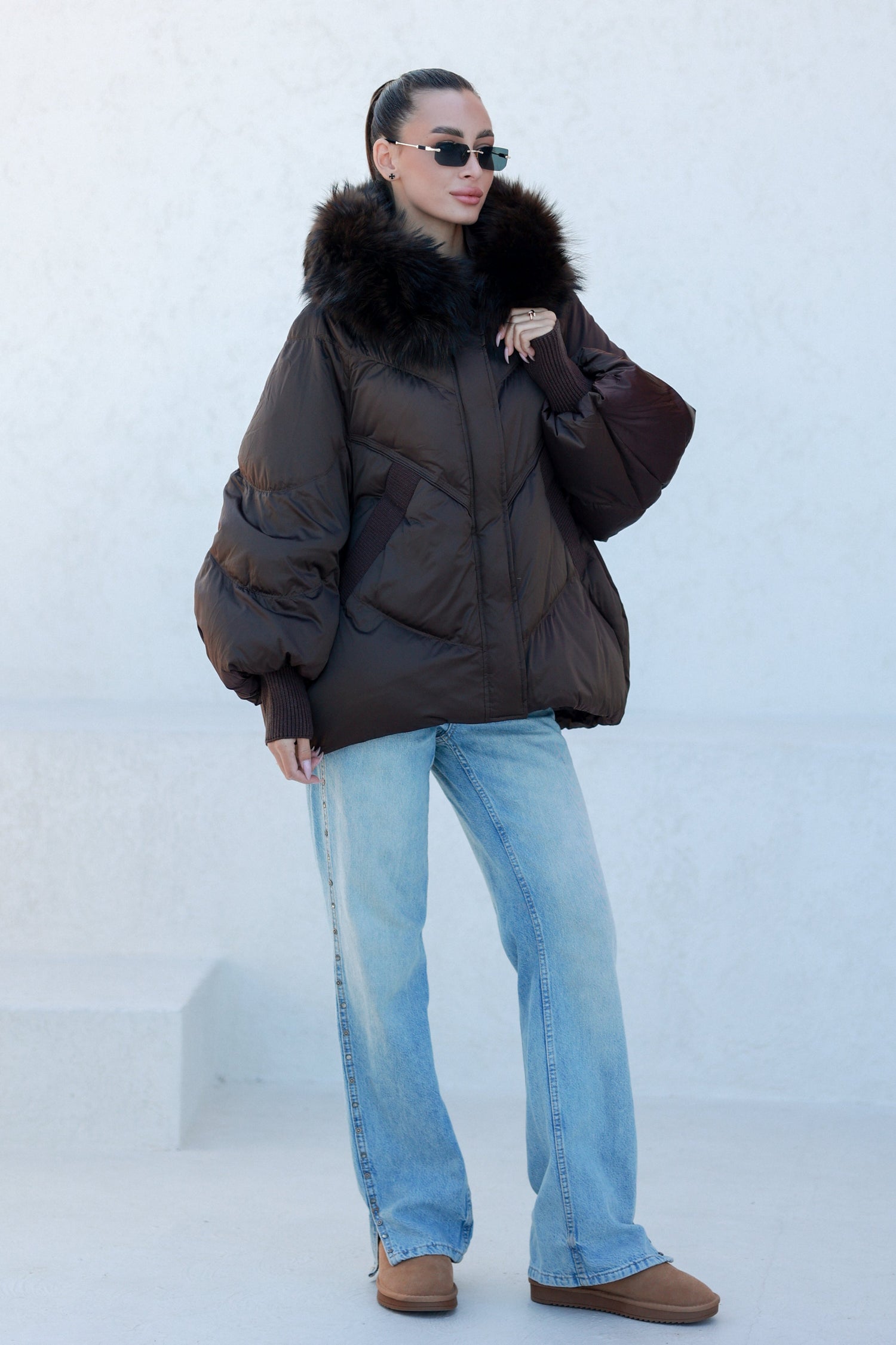 Chantal Genuine Fur Trim Down Fill Coat in Chocolate