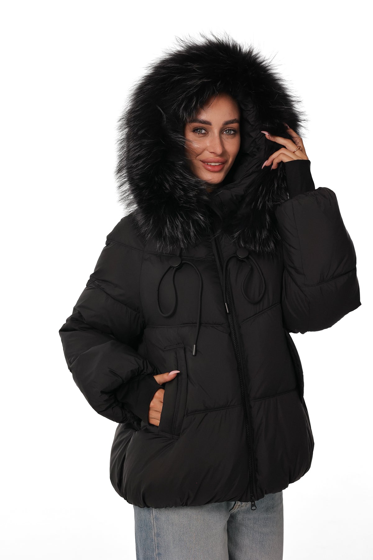 Rhea Genuine Fur Trim Bio-Down Coat in Black