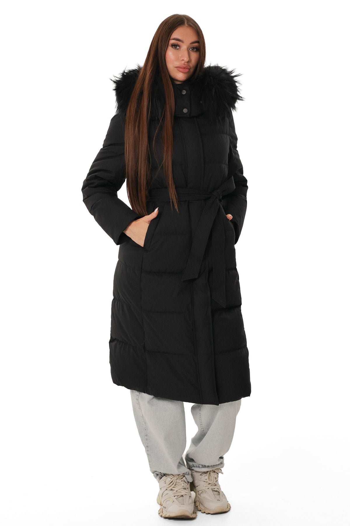 Parker Genuine Fur Trim Down Coat in Black