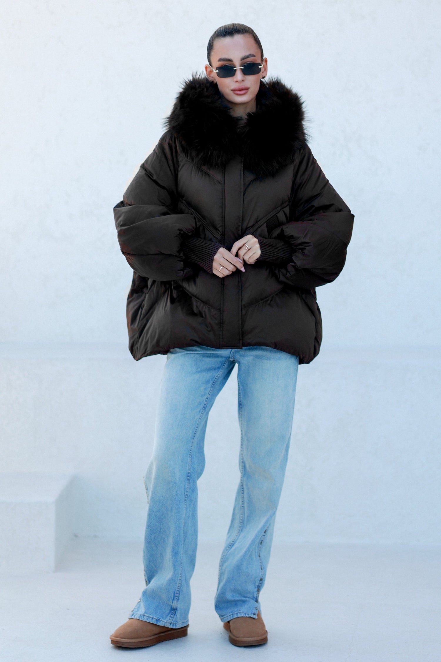 Chantal Genuine Fur Trim Down Fill Coat in Black