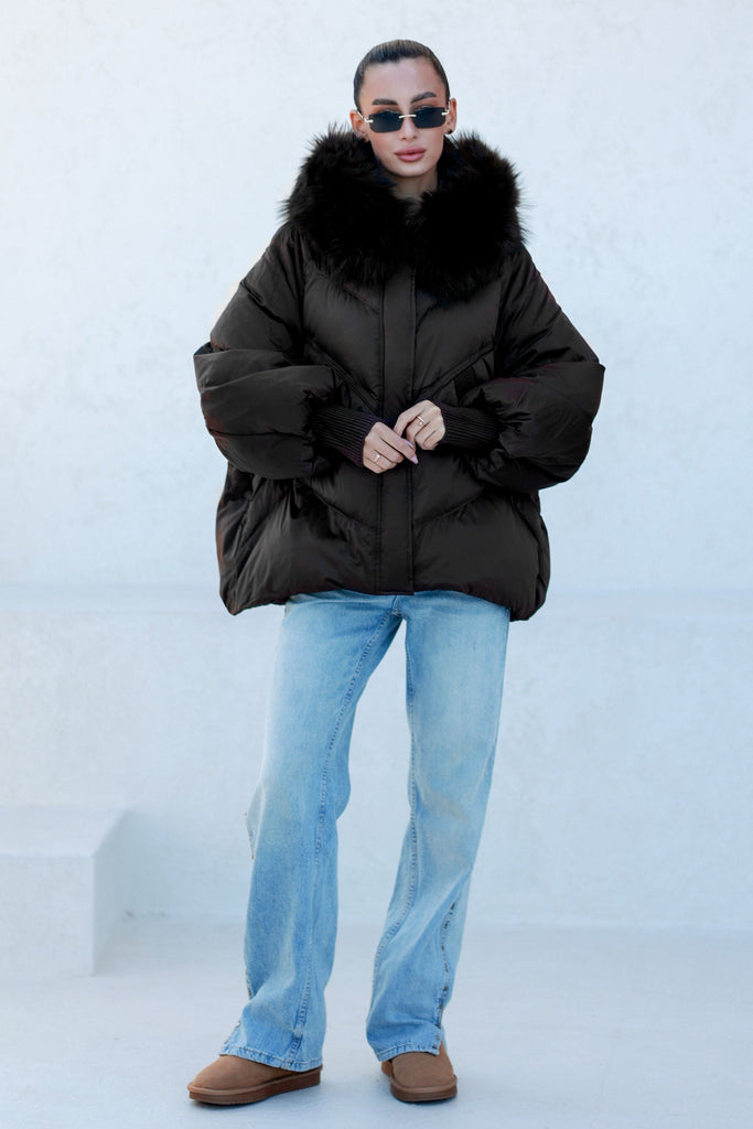 Chantal Genuine Fur Trim Down Fill Coat in Black