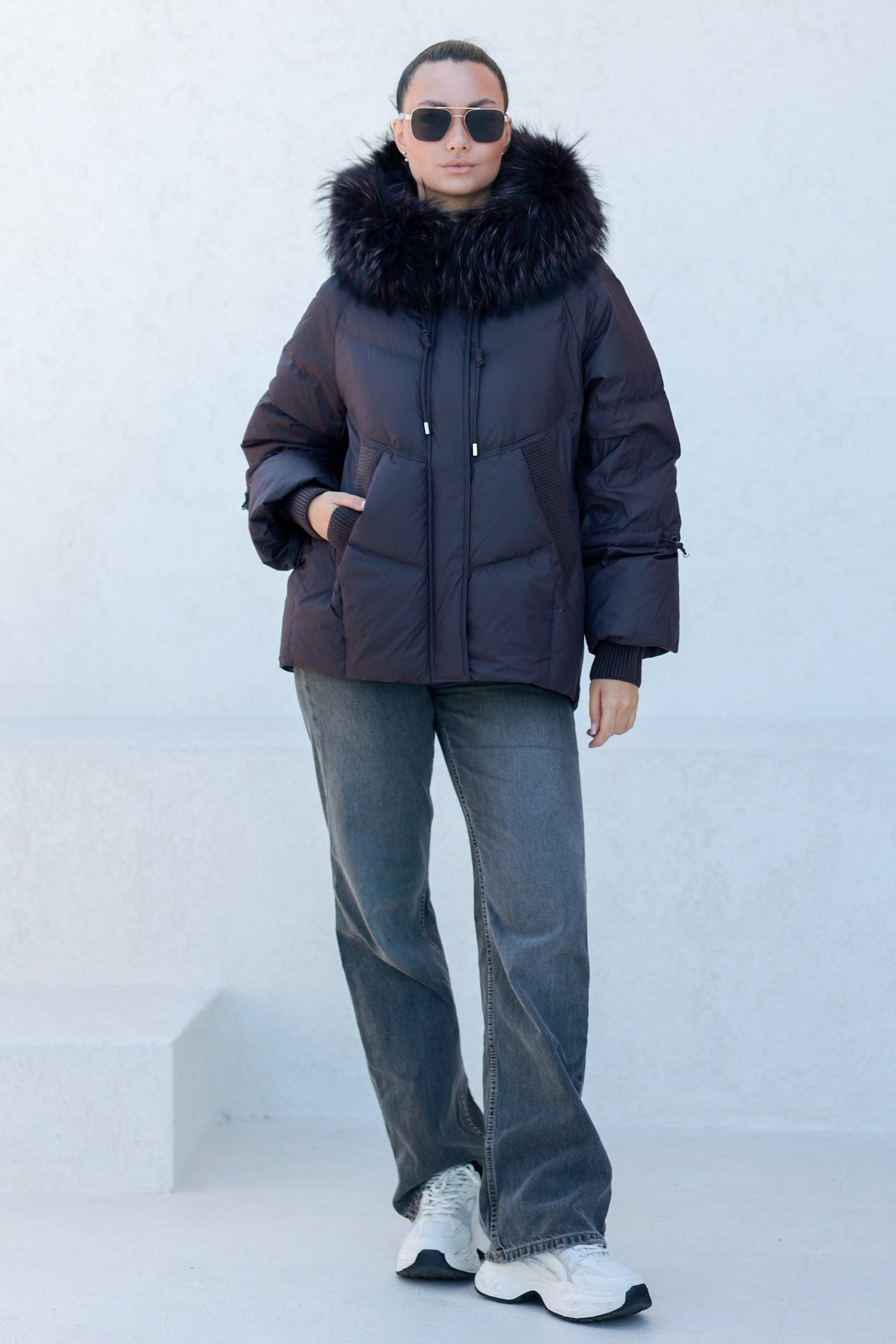 Brit Genuine Fur Trim Down Fill Coat in Fig