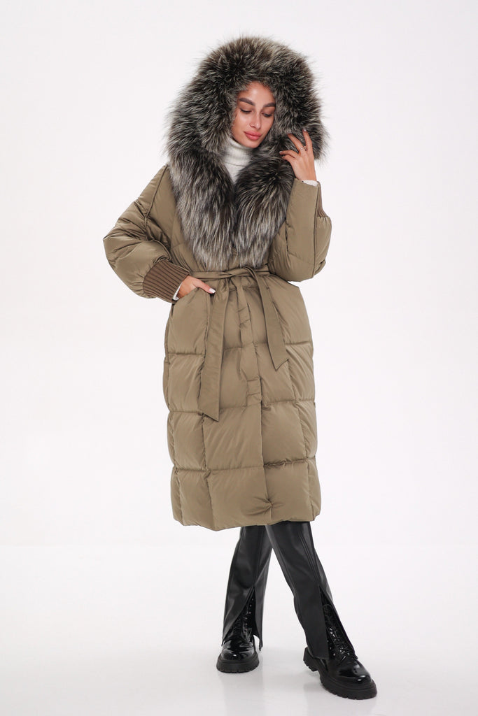 Rei Silver Fox Fully Lined Hood Down Coat in Khaki