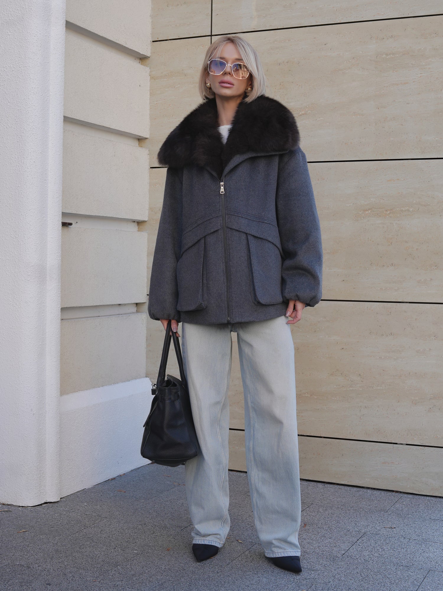 Pre-Order. Ships November 1. Emily Polar Fox Down Fill Coat in Graphite