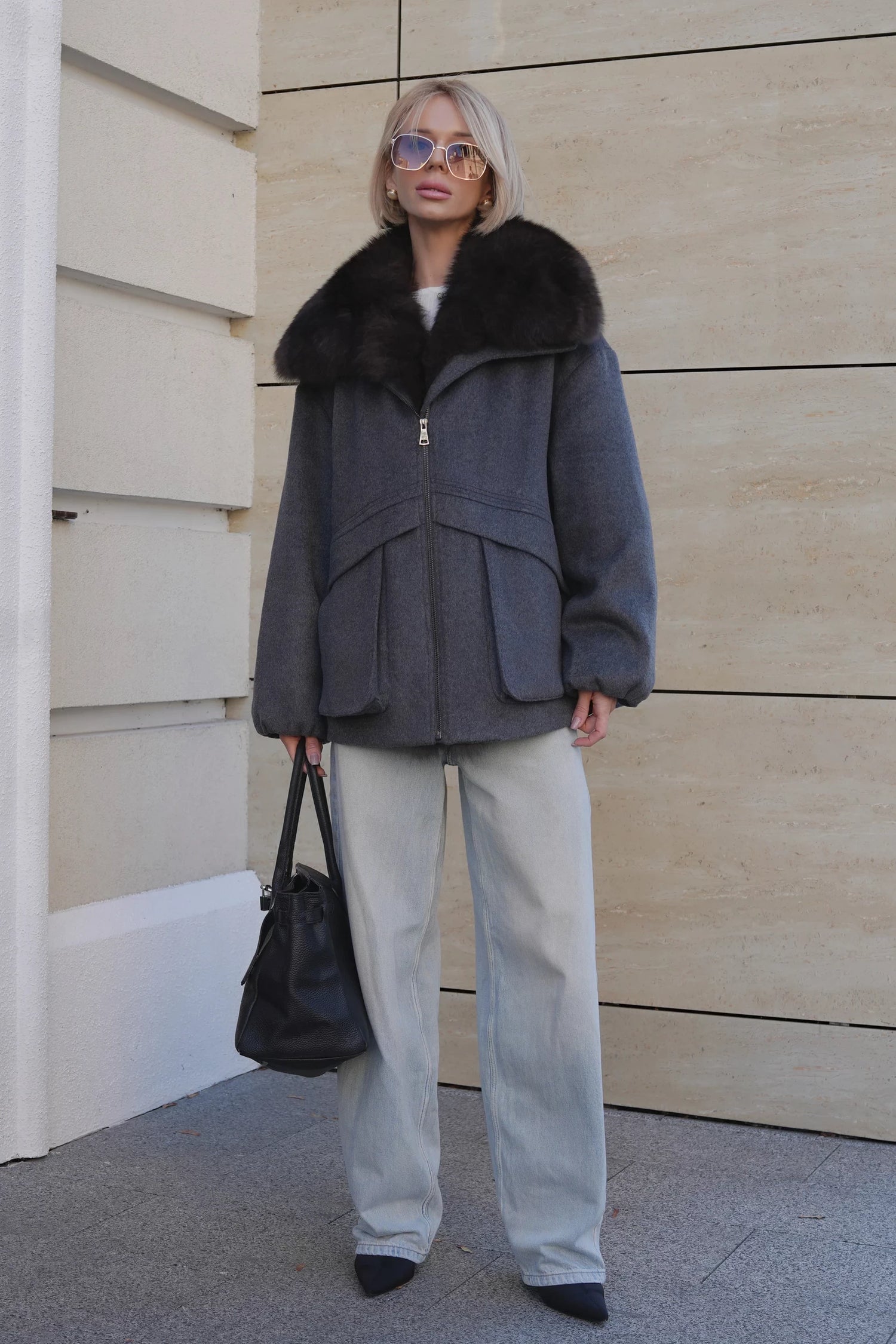 Harlow Polar Fox Down Fill Coat in Graphite