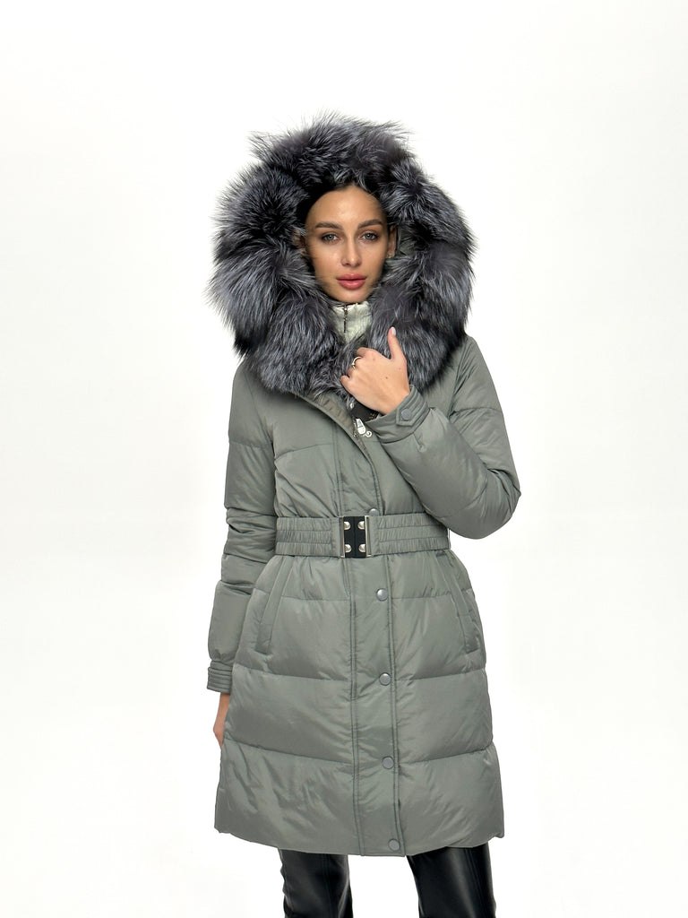 Genuine Silver Fox Down Belted Puffer Parka