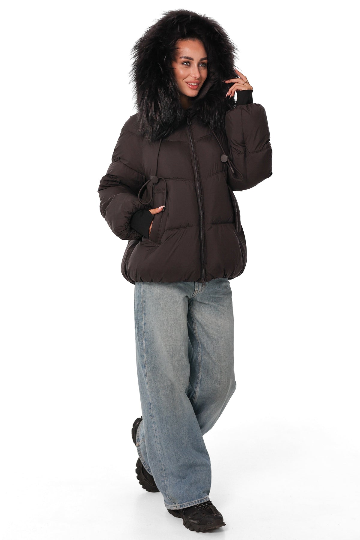 Rhea Genuine Fur Trim Bio-Down Coat in Fig