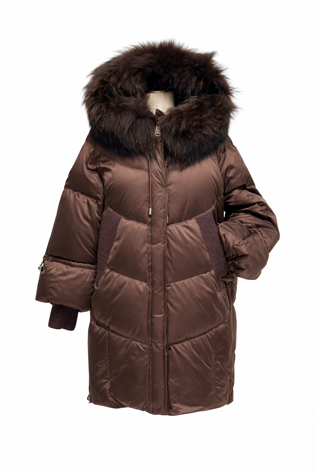 Celeste Genuine Fur Trim Down Fill Coat in Chocolate