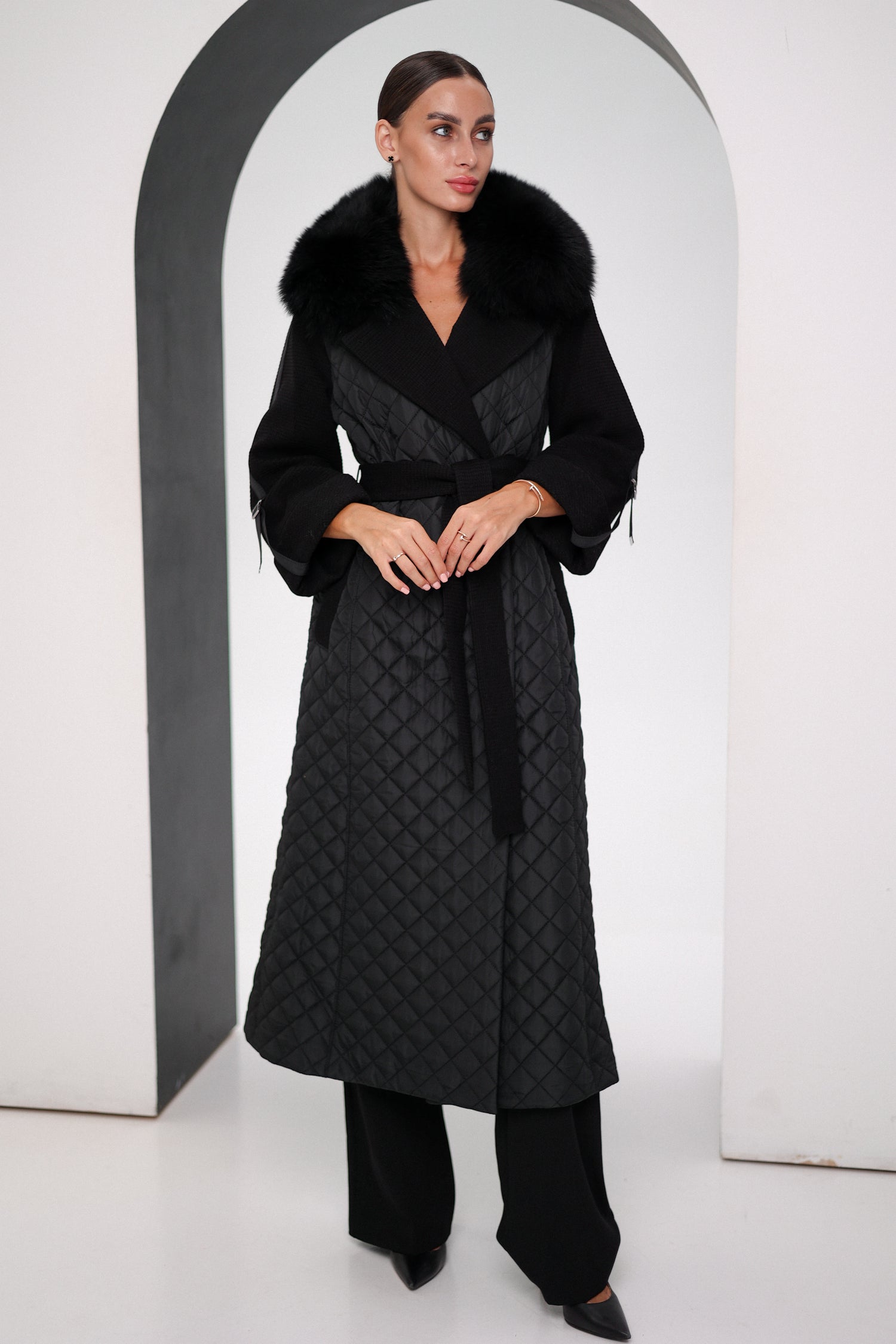 Noelle Genuine Polar Fox Fur Trim Fusion Coat in Black
