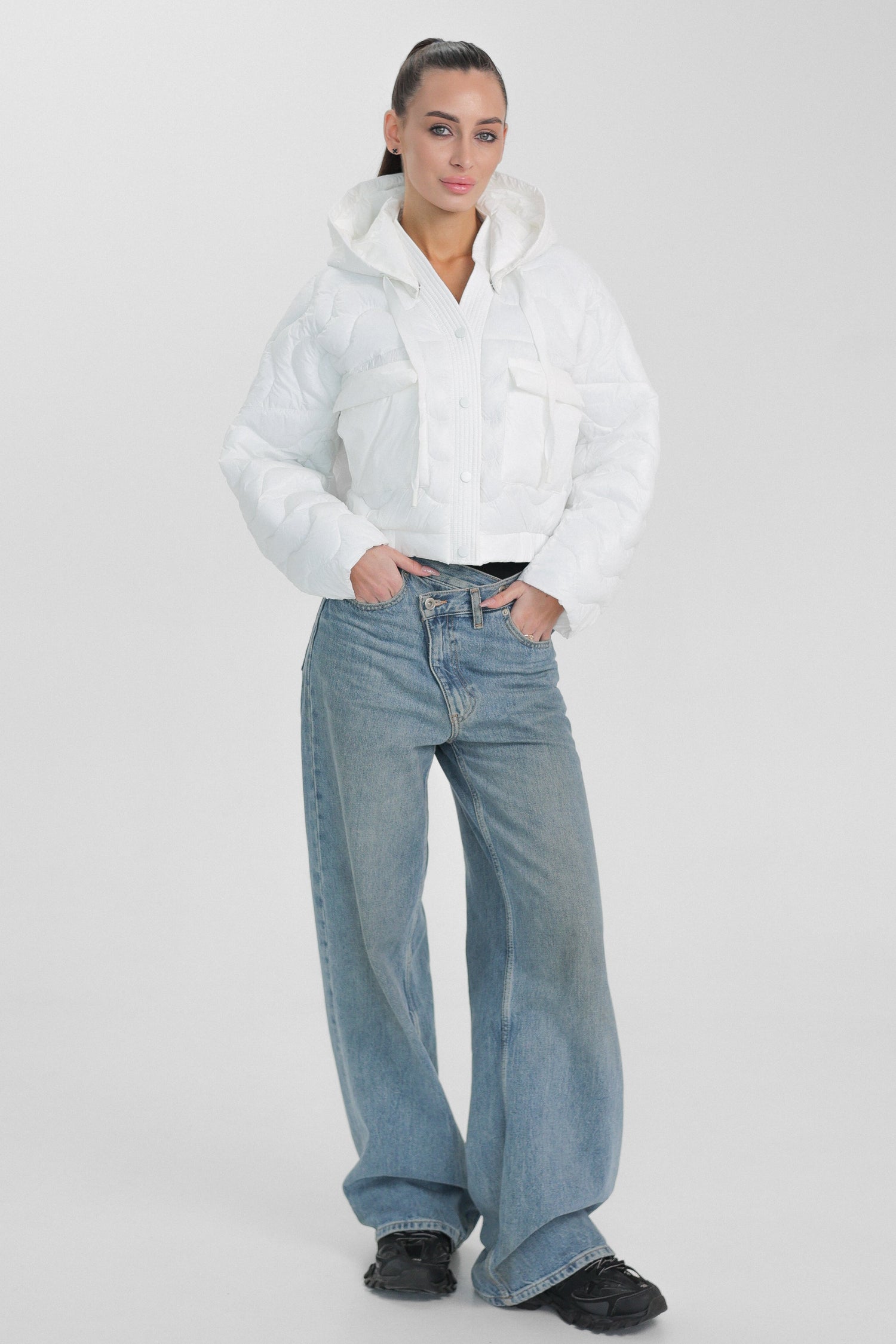 Light Demi-Season Hooded Cropped Jacket in White