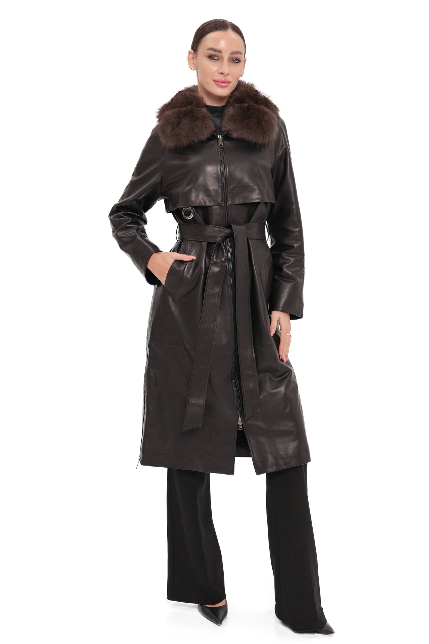 Genuine Leather Polar Fox Trim Coat