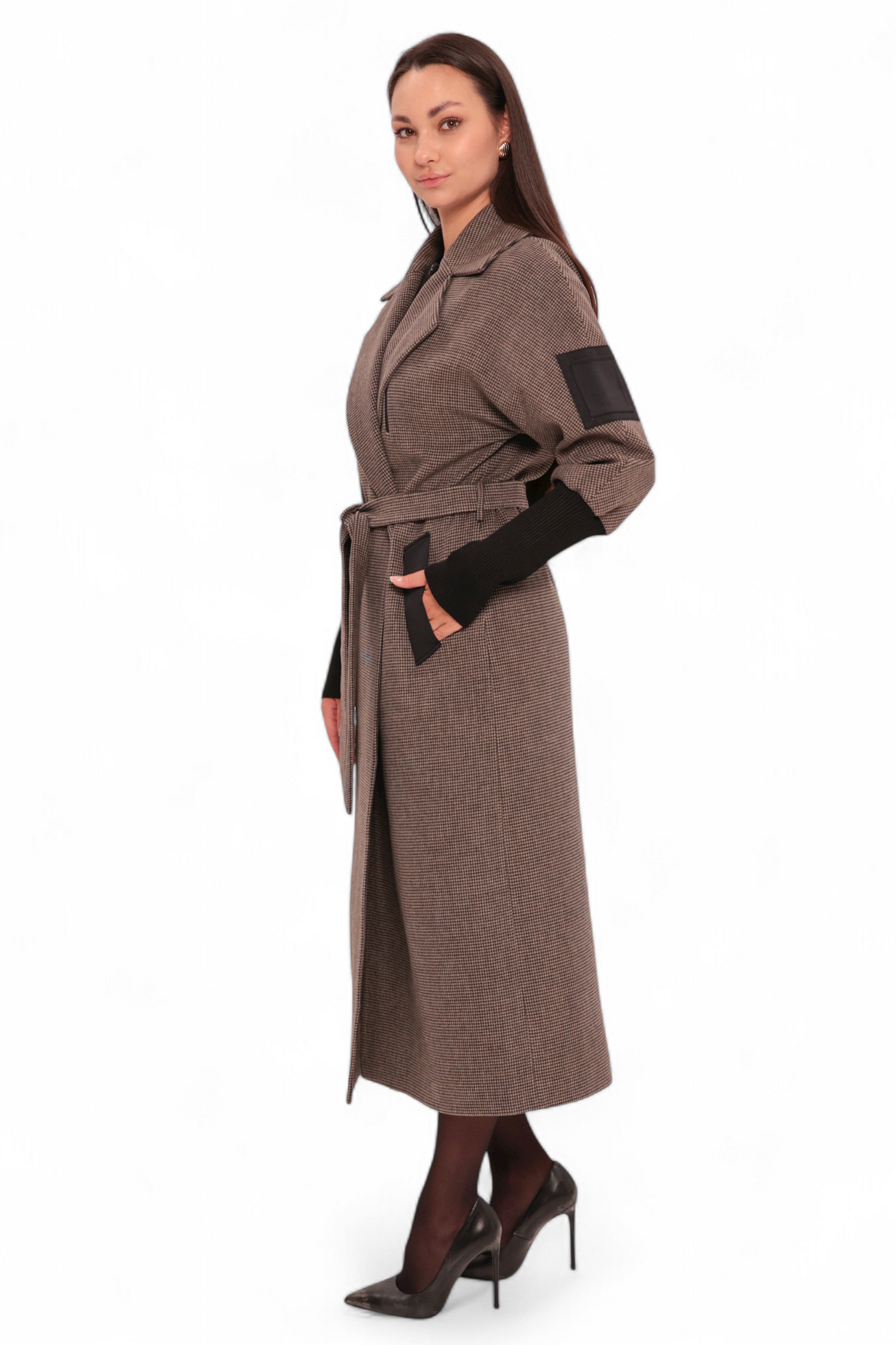 Miru Cashmere Wool Blend Overcoat in Beige Houndstooth