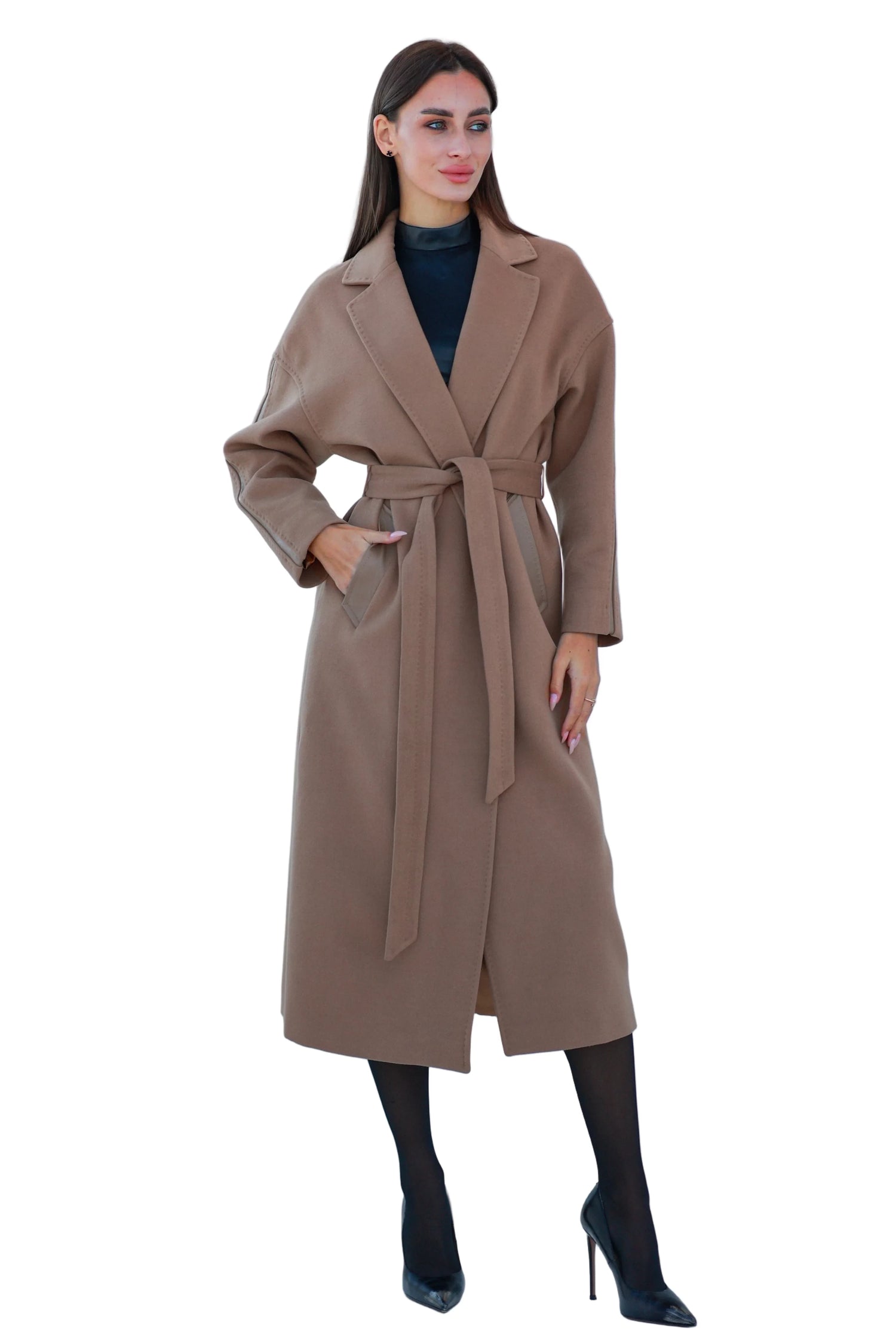 Logan Leather Trim Cashmere Blend Overcoat in Camel