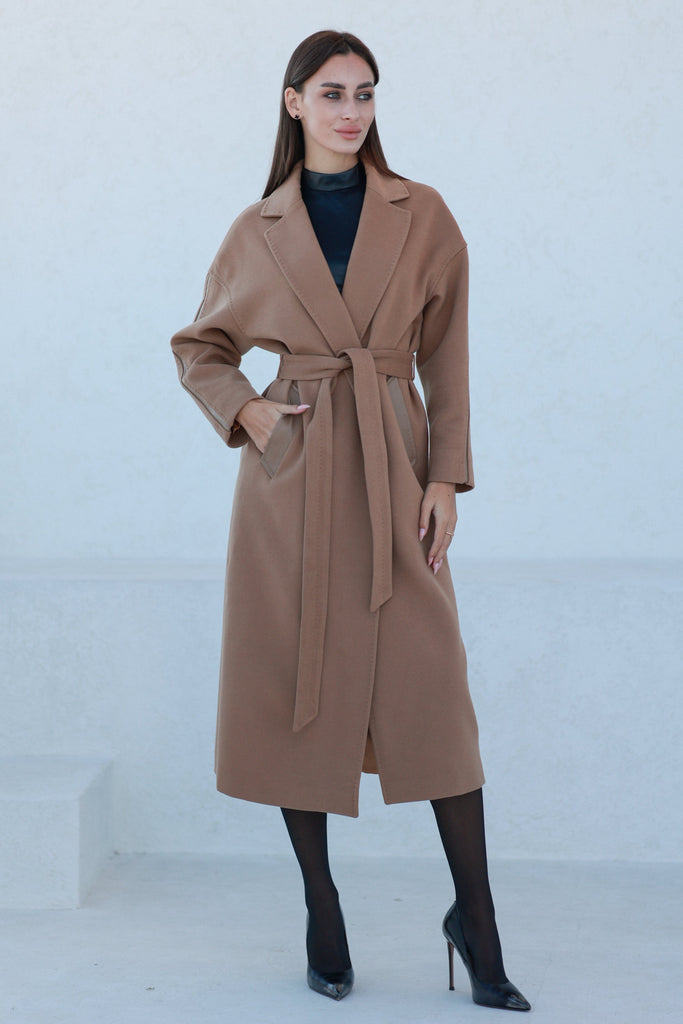 Logan Leather Trim Cashmere Blend Overcoat in Camel