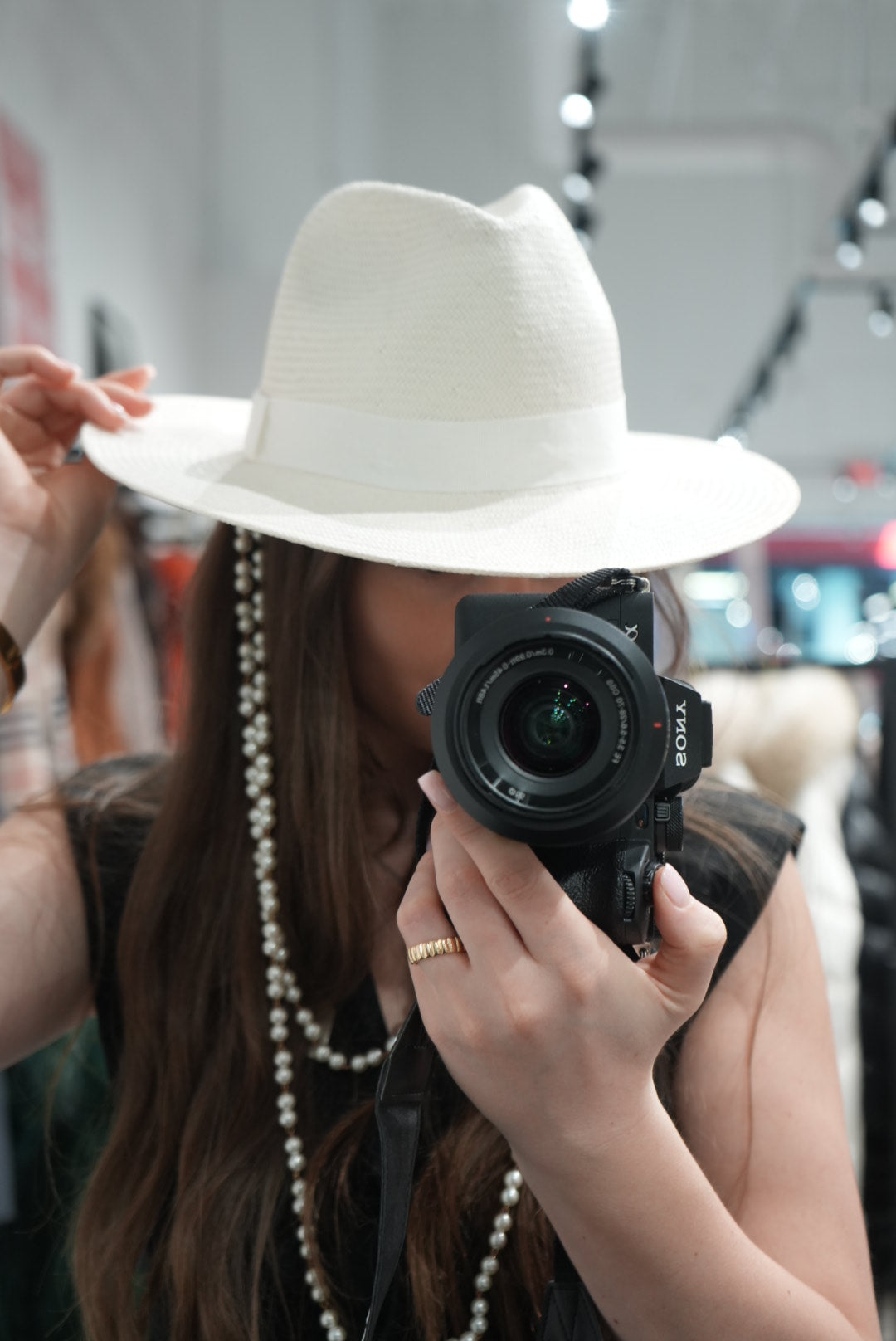 Paper Straw Fedora Hat with Double Pearl Chain